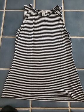 White House Black Market Striped Ribbed Tank Top Pom Pom Trim Size M